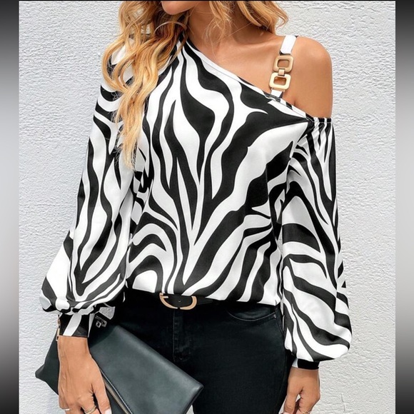 Zebra Abstract Print Asymmetrical Neck Cold Shoulder Chain Top Blouse Shirt - Picture 7 of 8